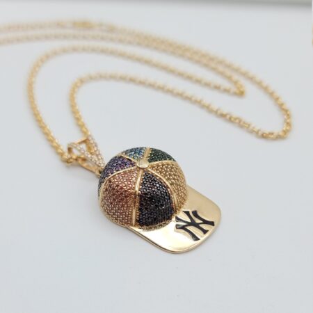 Solid 14K Gold Baseball Cap Necklace - Diamond-Cut Cubic Zirconia Pendant - 20" Rolo Chain