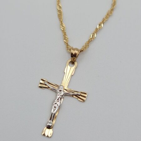 Solid 14K Gold Necklace Diamond-Cut Layered Stepped Edge Art Deco Double Cross Pendant
