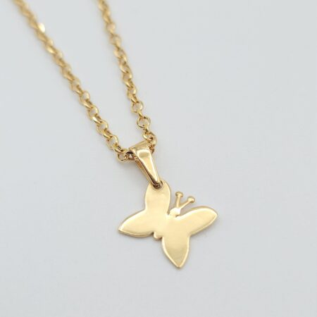 Solid 18K Gold Butterfly Pendant Centred Necklace 19 3/4 inch Rolo Chain