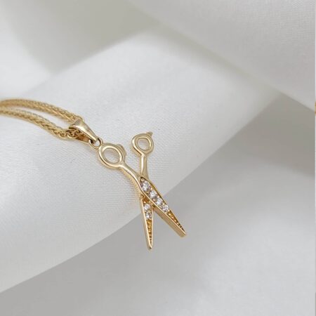 Solid 14K Gold Scissor Diamon-Cut Cubic Zirconia Stone Pendant Necklace