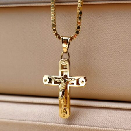 Solid 18K Gold Cross Pendant Box Chain Necklace