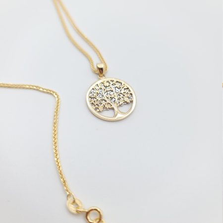 Solid 14K Gold Tree Of Life Necklace with Foxtail Chain 4.51g 23.5inch 2mm Thick