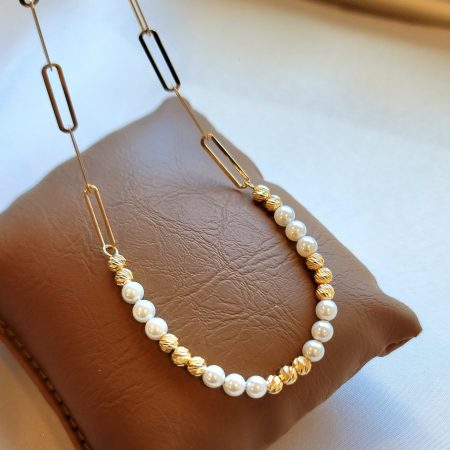 Solid 18k Gold Paperclip Necklace with Pearl and Diamond-Cut Orb Design