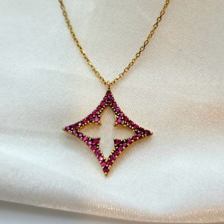 Solid 18K Gold Stone Star Necklace with Cable Chain