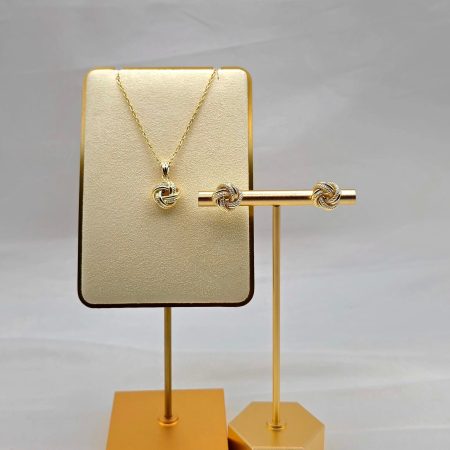 Solid 18K Gold Love Knot Studs Earrings with Necklace