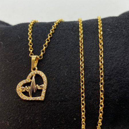 Solid 14K Gold Heartbeat Pendant Necklace with Rolo Chain