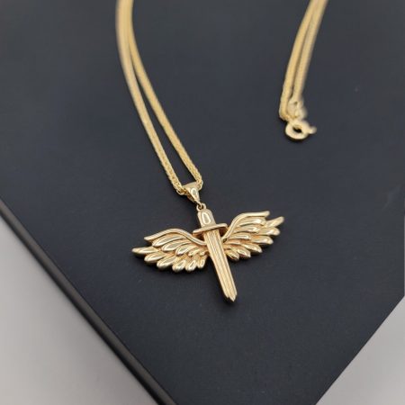 Solid 14K Gold Winged Sword Pendant Necklace with Foxtail Chain