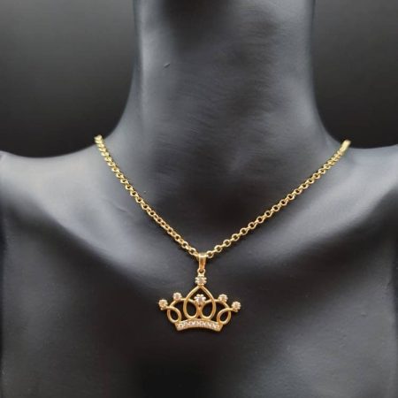 Solid 18K Gold Crown Pendant Necklace with Cable Chain 19.5 inch Length