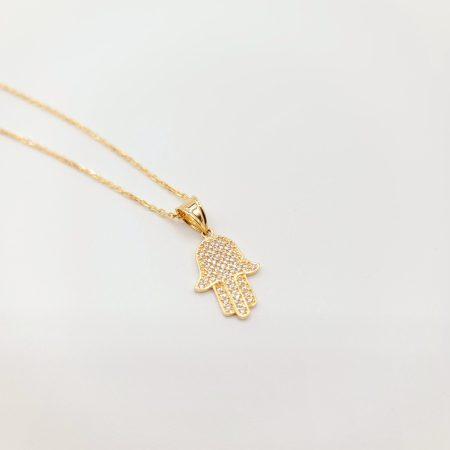 Solid 14K Gold Hamsa Pendant Necklace with Cable Chain 17.5 inch Length