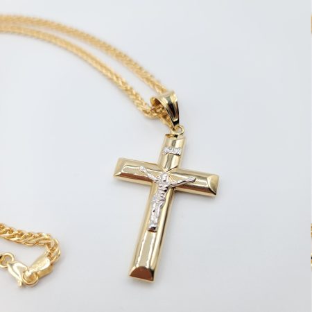 Solid 14K Gold Cross Pendant Necklace with Franco Chain 3mm Thick