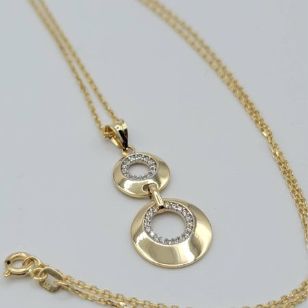Solid 14K Gold Double Circle Pendant Necklace with Cable Chain 17 3/4 inch Length