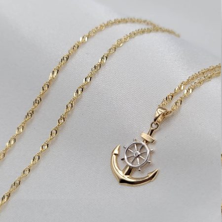 Solid 14K Gold Anchor Pendant Necklace with Singapore Chain 21 1/4 inch Length
