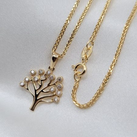 Solid 14K Gold Tree Of Life Necklace with Foxtail Chain 23.5 inch Length