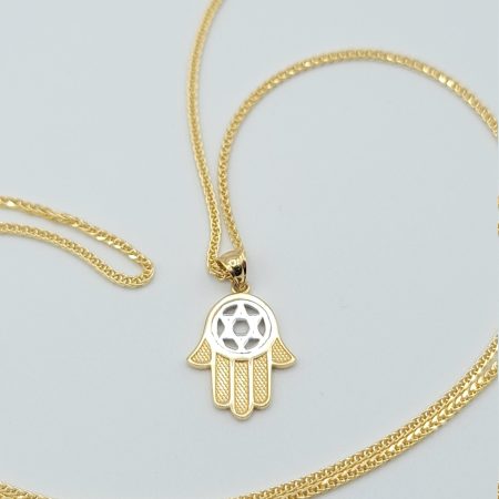 Solid 14K Gold Lucky Hamsa Pendant Necklace with Foxtail Chain 23.5 inch Length