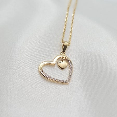 Solid 14K Gold Love Heart Necklace with Flat Cable Chain
