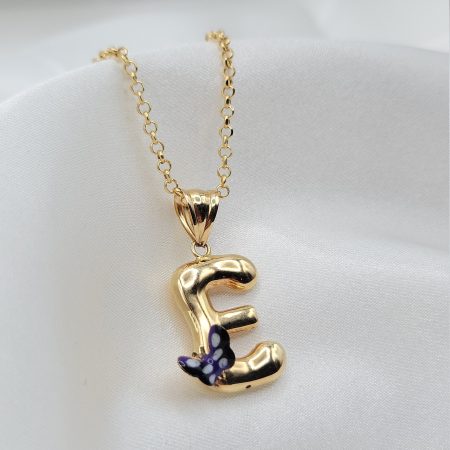 Solid 18k Gold Letter E Pendant Necklace with Rolo Chain 19.5 inch Length