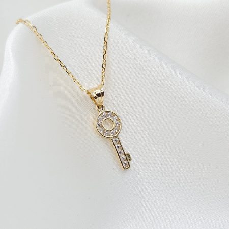 Solid 14K Gold Key Pendant Necklace with Flat Cable Chain 17 3/4 inch Length