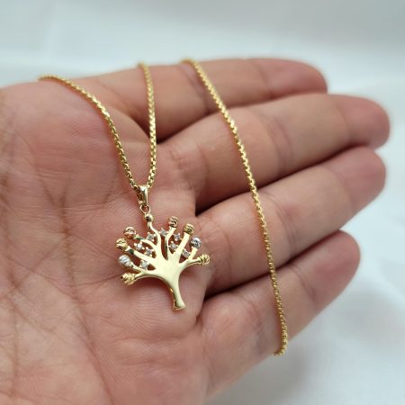 Solid 18K Gold Tree of Life Necklace with Box Chain 20 inch Length
