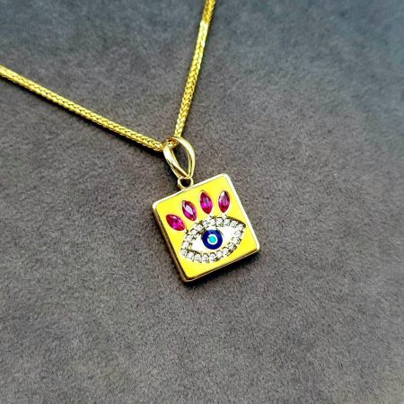 Solid 18K Gold Evil Eye Necklace with Franco Chain 19.75 inch Length