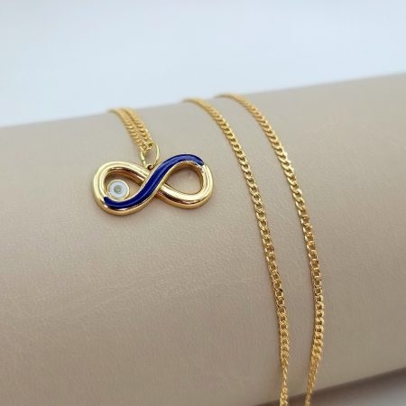 Solid 18K Gold Infinity Evil Eye Pendant Necklace with Cuban Chain