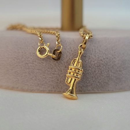 Solid 18K Trumpet Pendant Necklace with Rolo Chain