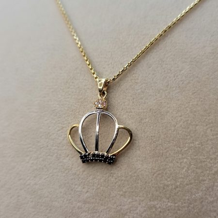 Solid 18K Gold Crown Pendant Necklace with Box Chain 21.5 inch Length