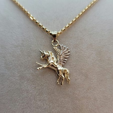 Solid 14K Gold Pegasus Flying Horse Pendant Necklace with Gold Box Chain