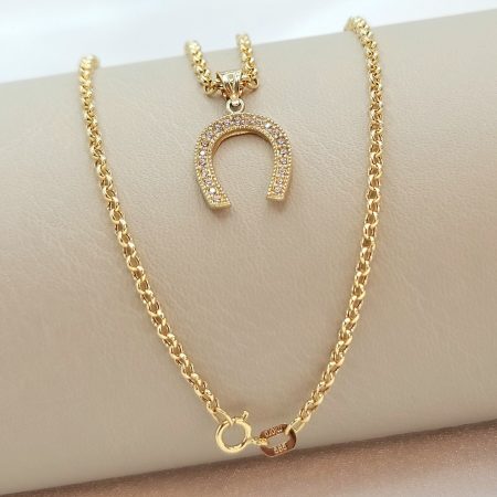 Solid 14K Gold Horseshoe Pendant Necklace with Rolo Chain 20 inch Length