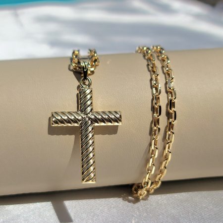 Solid 14K Gold Cross Pendant Necklace with Cable Chain 26 inch Length