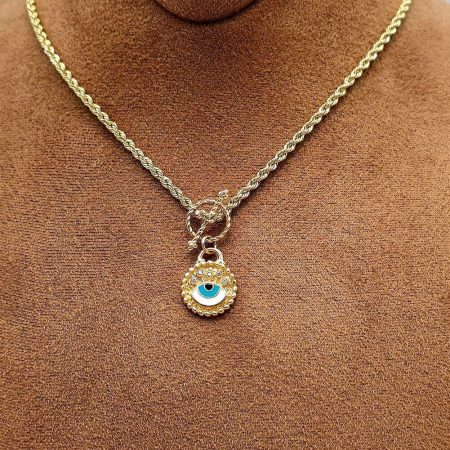 Solid 18K Gold Evil Eye Pendant Necklace with Rope Chain 17.75 inch Length