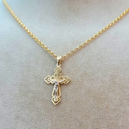 Solid 14K Gold Cross Necklace with Rolo Chain 20 inch Length