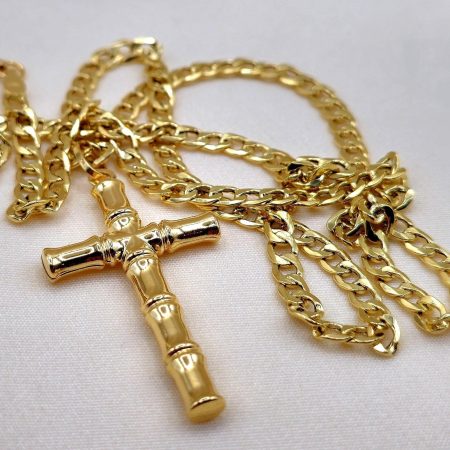 Solid 18K Gold Cross Pendant with Miami Curb Chain 23.5 inch Length