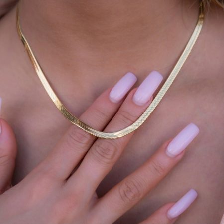 Solid 18K Gold Flat Herringbone Chain Necklace 3mm 15.75-17.75 inch Length
