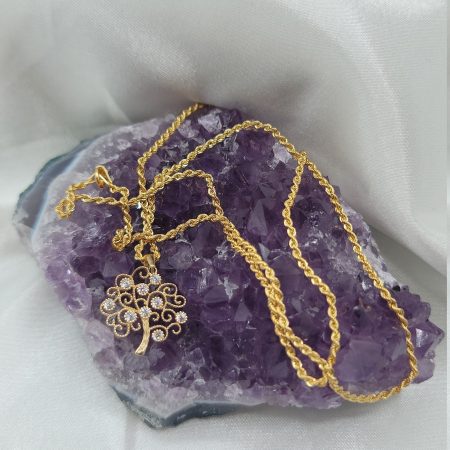 Solid 14K Gold Dimond Cut Tree Of Life Pendant With Solid 18K Gold Rope Chain 19.5 inch