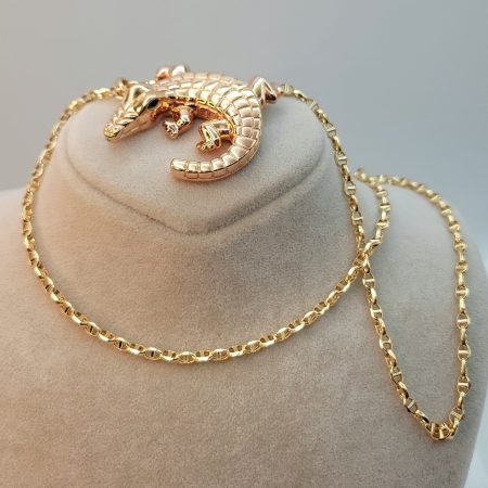 Solid 18K Gold Alligator Pendant Necklace with Anchor Chain 21.5 inch Length