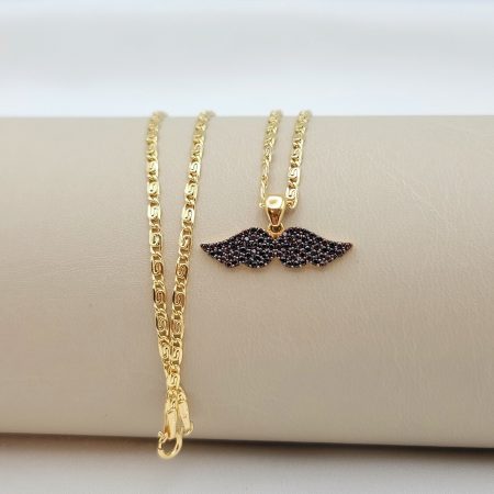 Solid 18K Gold Angel Wing Pendant Necklace with Anchor Chain