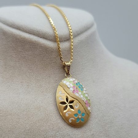Solid 18K Gold Hand Engraved Charm Necklace with Box Chain
