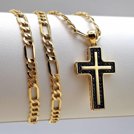 Solid 18K Gold Cross Pendant Necklace with Figaro Chain 20 inch Length
