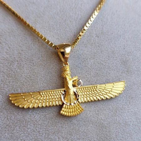 Solid 18K Gold Faravahar Pendant Necklace with Box Chain 22 inch Length