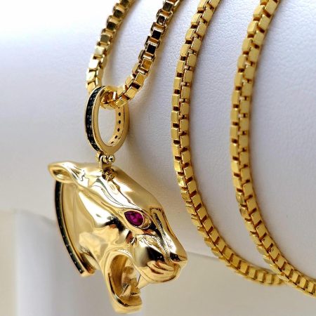 Solid 18K Gold Tiger Pendant Necklace with Box Chain 22-24 inch Length