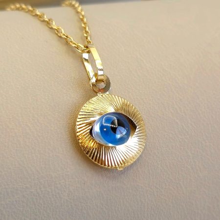 Solid 18K Gold Evil Eye Pendant Necklace for Women with Cable Chain 18 inch Length