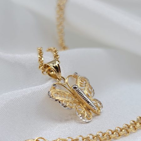 Solid 18K Gold Butterfly Pendant Necklace with Rolo Chain 18 inch Length