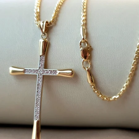 Solid 18K Gold Cross Pendant Necklace with Box Chain