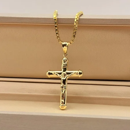 Solid 18K Gold Cross Pendant with Box Chain 18-22 inch Length