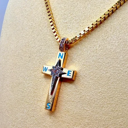 Solid 18K Gold Cross Compass Pendant with Box Chain 18-22 inch Length