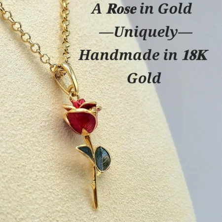 18K Solid Gold Rose Pendant Necklace with Rolo Chain