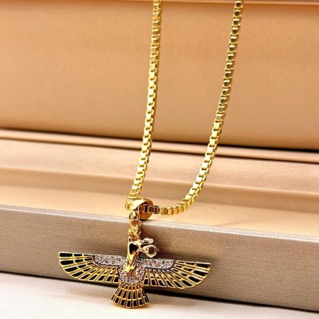 Solid 18K Gold Faravahar Pendant Necklace with Box Chain 18-22 inch Length